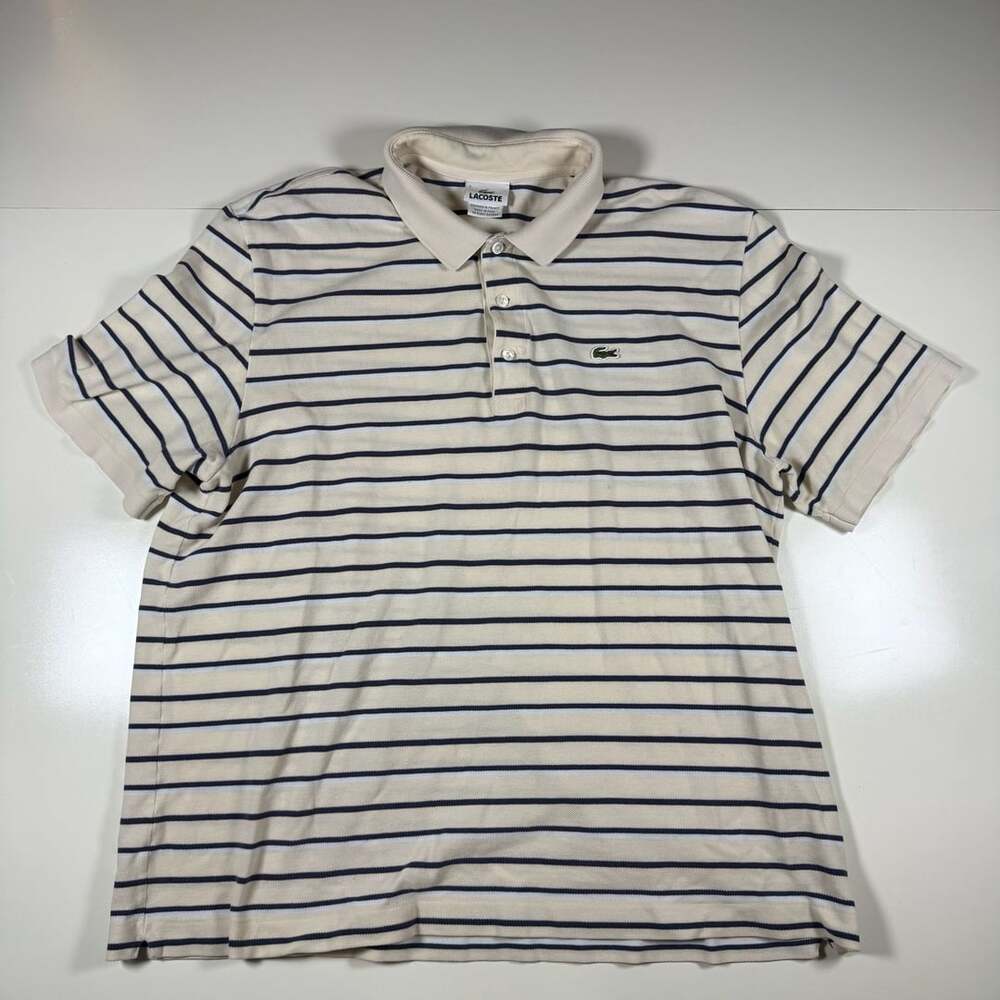 Lacoste Men's Striped Short Sleeve Polo Shirt Cream Beige Navy Blue Size 7